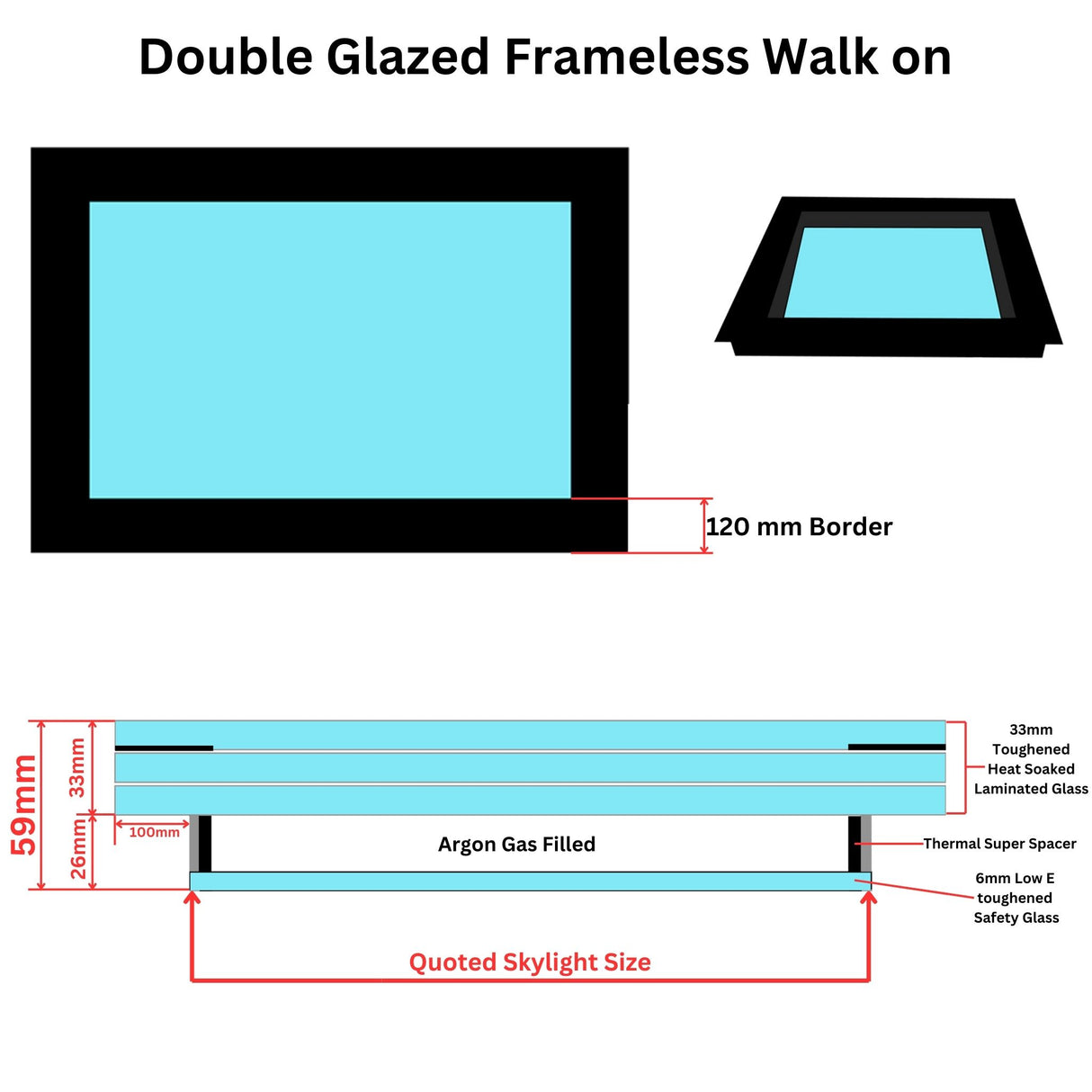 600 x 2000 mm Frameless Walk-on Skylight