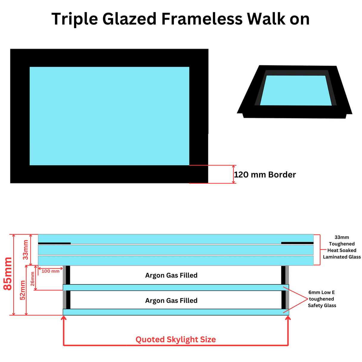 1000 x 1000 mm Frameless Walk-on Skylight