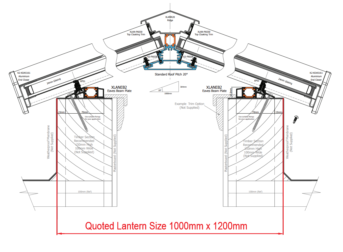 1000 x 1200 mm Stratus Aluminium Roof Lantern Style 1 (Contemporary)