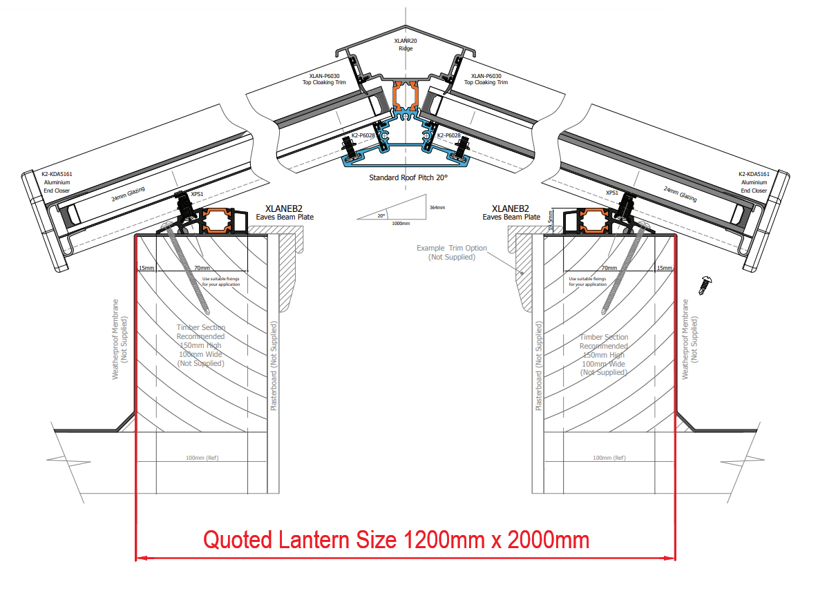 1200 x 2000 mm Stratus Aluminium Roof Lantern Style 2 (Traditional)