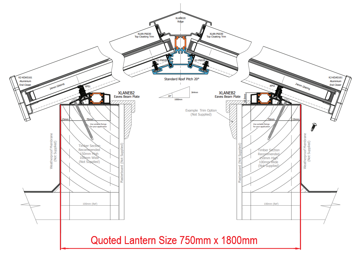 750 x 1800 mm Stratus Aluminium Roof Lantern Style 1 (Contemporary)