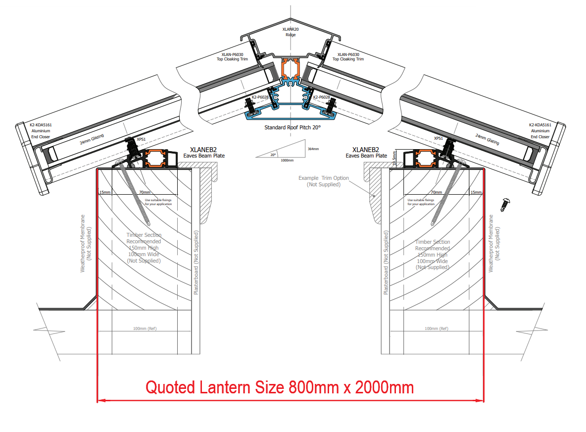 800 x 2000 mm Stratus Aluminium Roof Lantern Style 1 (Contemporary)