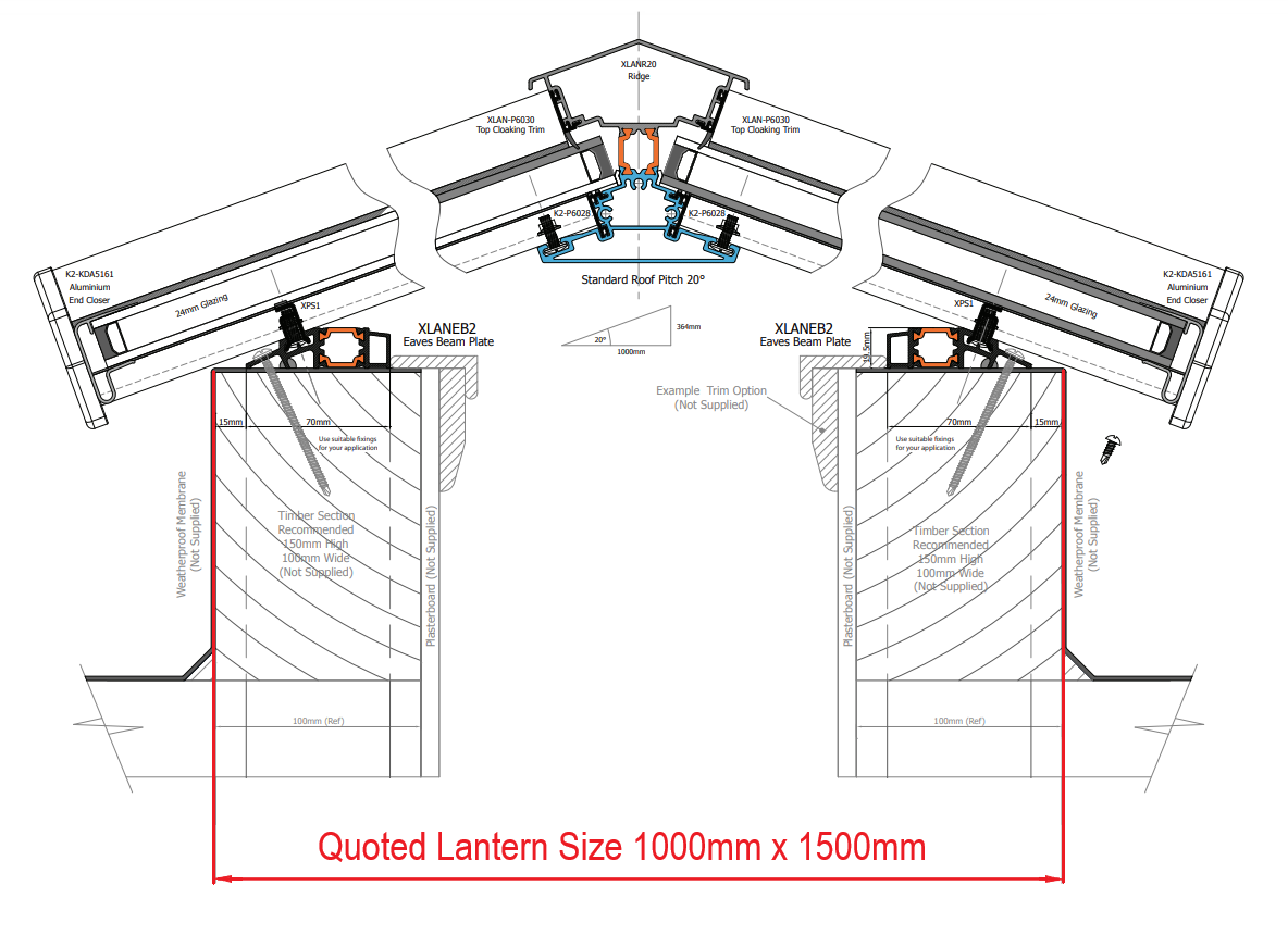 1000 x 1500 mm Stratus Aluminium Roof Lantern Style 1 (Contemporary)