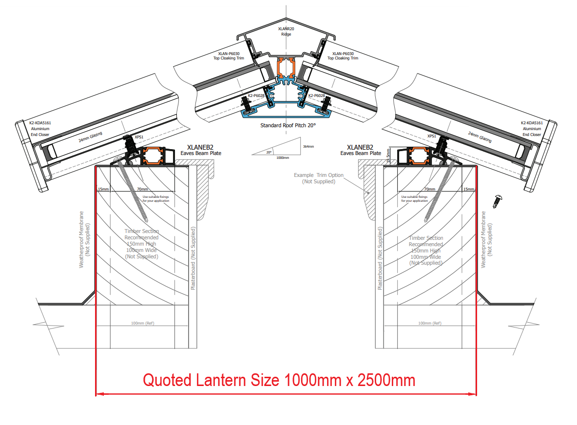 1000 x 2500 mm Stratus Aluminium Roof Lantern Style 2 (Traditional)