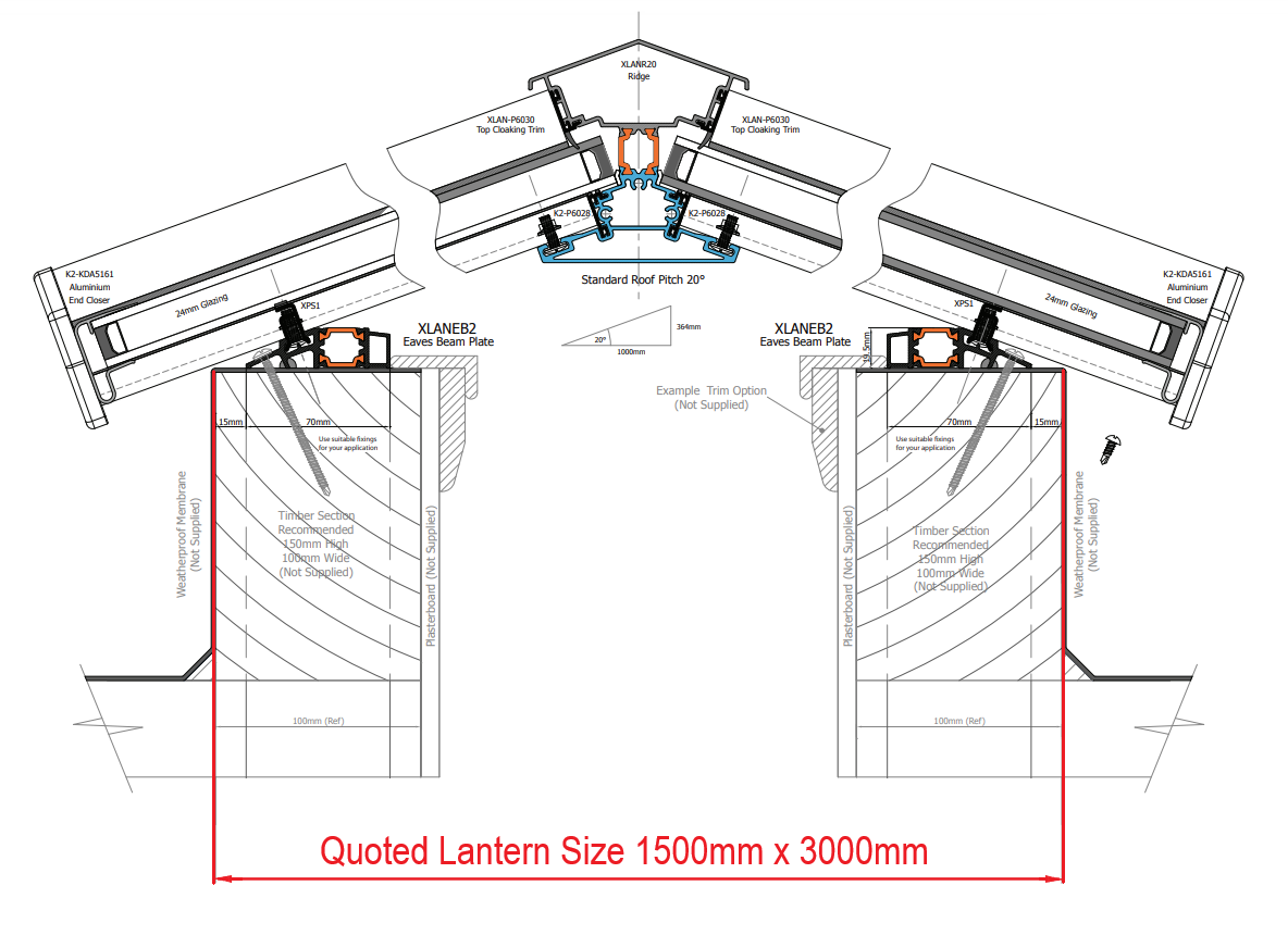 1500 x 3000 mm Stratus Aluminium Roof Lantern Style 2 (Traditional)