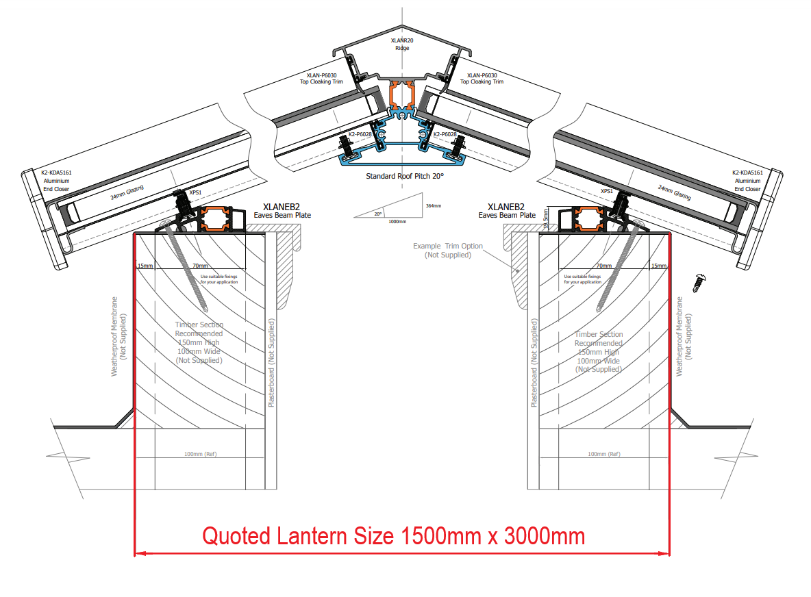 1500 x 3000 mm Stratus Aluminium Roof Lantern Style 3 (Traditional)